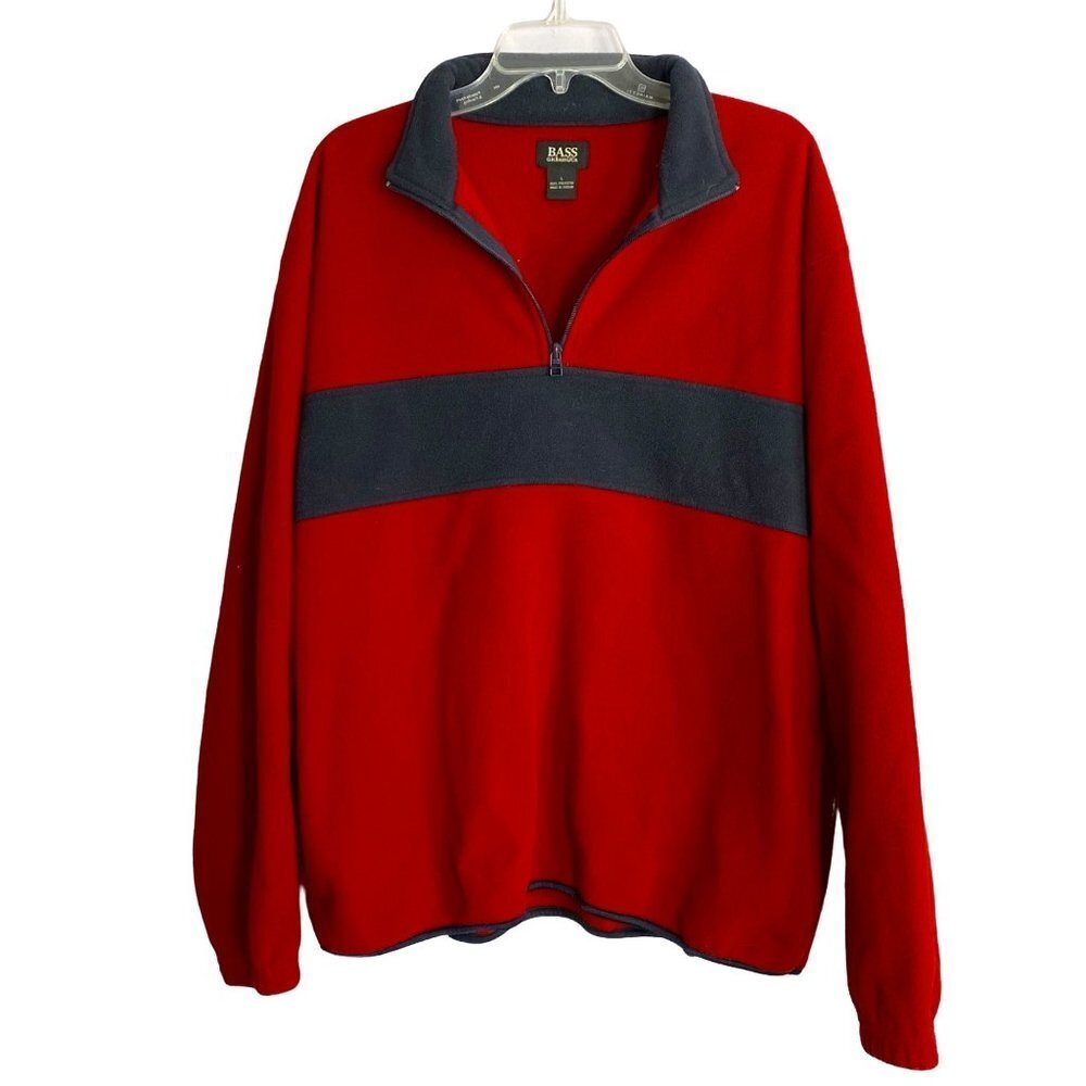 G.H. Bass Sweatshirt Mens L Fleece Pullover 1/4 Zip Red Blue Stripe Outdoor Hike